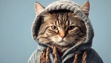 A cat wearing a blue and red hoodie - obrazy, fototapety, plakaty