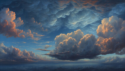 Wispy white and gray clouds against a blue sky - obrazy, fototapety, plakaty