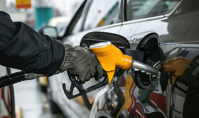 A person is filling up a car with gas. The person is wearing gloves and the gas pump is yellow