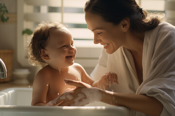 A mother soaping her son in a bathtub smiling and having a fun good time