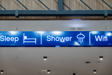 Istanbul, Turkey A sign inside the airport at the Sabiha Gokcen Airport ( SAW) says Sleep, Shower and Wifi.