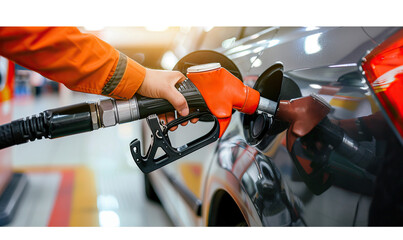 A man is filling up a car with gas. Concept of routine and responsibility, as the man is taking care of his vehicle's needs. The act of refueling is a necessary part of daily life