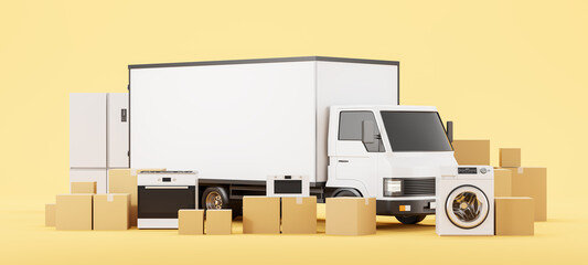 Delivery van and home kitchen appliances with cardboard boxes, relocation