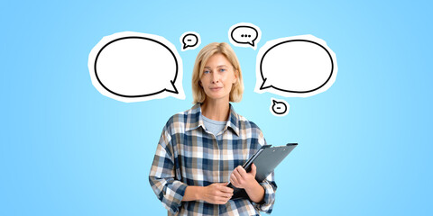 Woman student with folder and speech bubbles