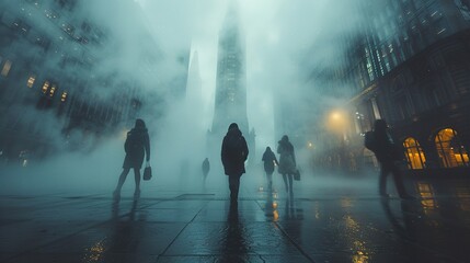 People walking in an urban environment with fog and lights. Generated AI. - 766912117