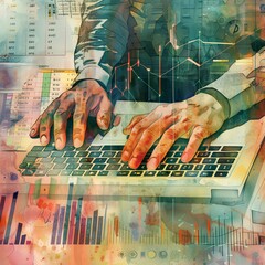 Business concept watercolor illustration, close-up men's hand typing laptop  using praphs , finance and investings. Illustration generated with AI - obrazy, fototapety, plakaty