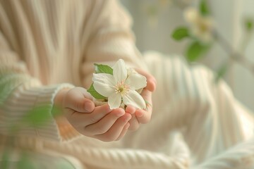 Hands gently holding a single white flower. Generated AI. - 766912188