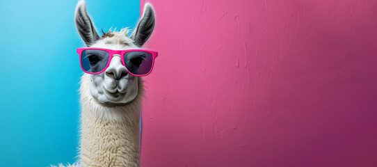 Obraz premium A llama wearing sunglasses and a pink background. The llama is smiling and looking at the camera. Funny llama wearing sunglasses in studio with a colorful and bright background.