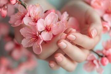 Hands cradling cherry blossoms, showcasing gentle touch. Generated AI. - 766912326