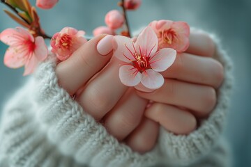 Hands cradling cherry blossoms, showcasing gentle touch. Generated AI. - 766912361