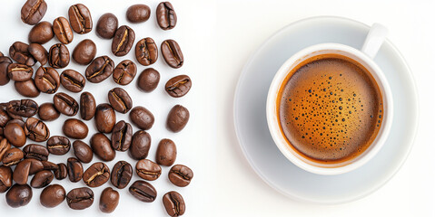 cup of coffee with beans on white background. Steaming Cup of Coffee with Coffee Beans background for coffee break and coffee shop design. 
