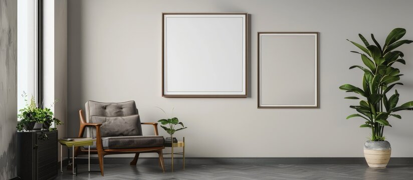 Picture frame mockup hung on a wall with a horizontal orientation, showcasing an artwork template in interior design.