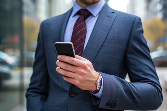 Man in business suit holds smartphone in his hands. An office worker communicates via the Internet. Director or businessman, abstract male image