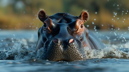 A hippopotamus submerging into a river with only its nostrils and eyes visible. AI generate illustration - obrazy, fototapety, plakaty