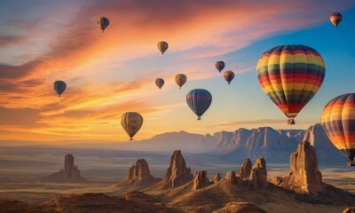 Hot air balloons ascend into a breathtaking sunset, with vibrant colors painting the sky above the...