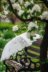 Lace umbrella on a park bench under blooming white flowers. Generated AI. - 766912965