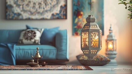 A serene display of simplicity and color, with "Ramadan Mubarak" on a minimalistic canvas alongside a traditional lantern radiating festive charm.