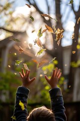 Child's hands reaching for falling leaves in autumn light. Generated AI. - 766912971