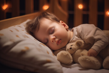 a newborn baby sleeping peacefully in the crib with a calm gesture - 766912977
