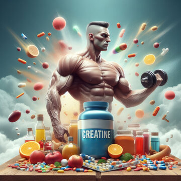 muscular figure emerging dynamically from a bottle of creatine, symbolizing the explosive increase in energy and strength that this supplement can provide