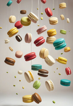 assortment of colorful macarons suspended in air,   colorful background