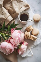 Coffee cup with macarons and pink peonies on a light background. Generated AI. - 766913141
