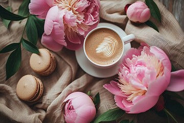 Coffee cup with macarons and pink peonies on a light background. Generated AI. - 766913161