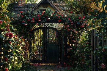 A charming cottage gate enveloped in climbing vines and blooming flowers.