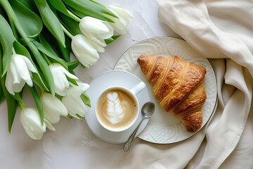 Cappuccino and croissant breakfast with white tulips on a table. Generated AI. - 766913363