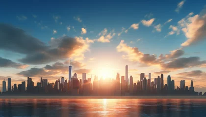 Photo sur Plexiglas Etats Unis A city skyline with a large sun in the sky