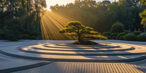 Deurstickers A beautiful sunrise illuminates a Japanese Zen garden, highlighting the elegant forms of meticulously maintained bonsai trees. Resplendent. © Summit Art Creations