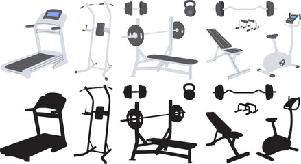 set of exercise equipment, treadmill, exercise bike in flat style, on a white background vector