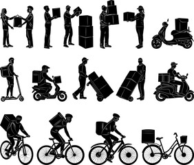 silhouette couriers, loaders, food and gift delivery set, on a white background vector
