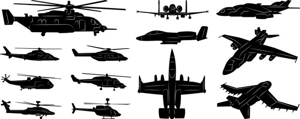 silhouette combat aircraft and helicopters set, on a white background vector