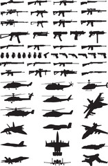 silhouette of combat aircraft and helicopters, weapons set, on a white background vector
