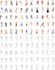 dancing people in flat style with sketch set, on white background vector