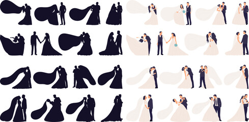 set of wedding brides and grooms in different poses in flat style, on a white background vector