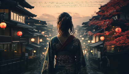 A woman in a red kimono is walking down a street with lanterns hanging above her - obrazy, fototapety, plakaty