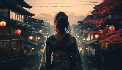 Poster A woman in a red kimono is walking down a street with lanterns hanging above her © terra.incognita