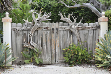 A coastal chic gate crafted from weathered driftwood and adorned with nautical accents.