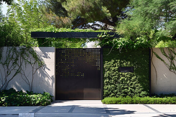 A contemporary gate featuring clean lines and minimalist design against a backdrop of greenery.