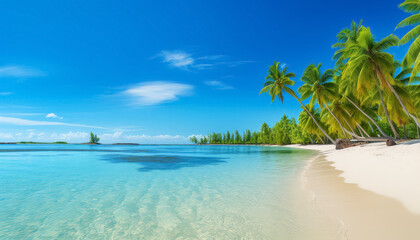 Naklejka premium A beautiful beach with palm trees and a clear blue ocean