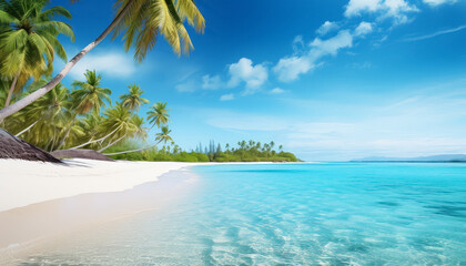 A beautiful beach with palm trees and a clear blue ocean