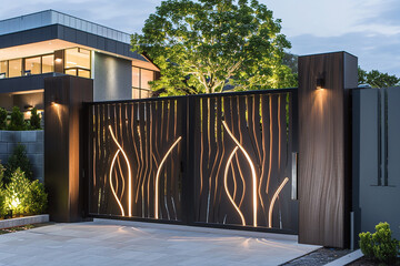 A contemporary steel gate featuring clean lines and illuminated accents.