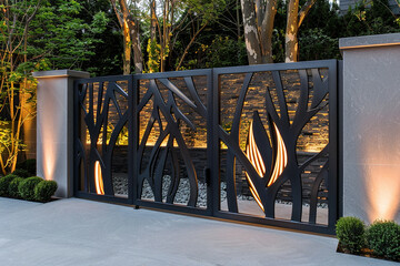 A contemporary steel gate featuring clean lines and illuminated accents.