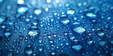Close-up of refreshing water drops on a blue background - obrazy, fototapety, plakaty