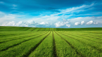 Fototapeta na wymiar Beautiful natural scenic panorama green field of cut grass into and blue sky with clouds on horizon. Generative AI