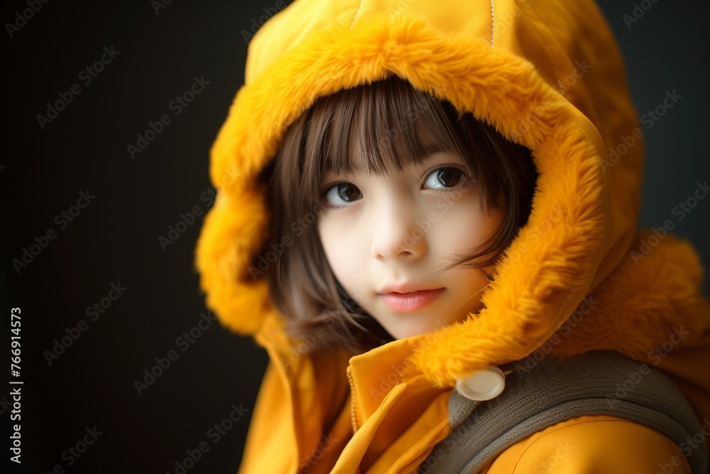 Wall mural Portrait of a beautiful young girl in a yellow raincoat.