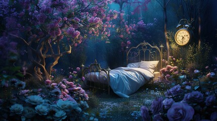 Fantasy setting with bed among blossoming flowers and floating clock. Generated AI. - 766914513