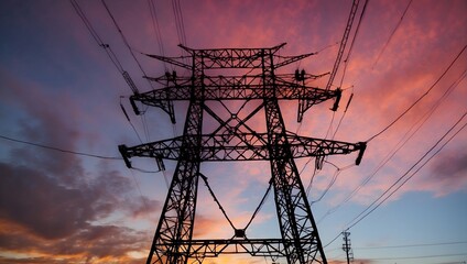 A high-voltage power tower's silhouette etched into the colorful canvas of the evening sky Generative AI